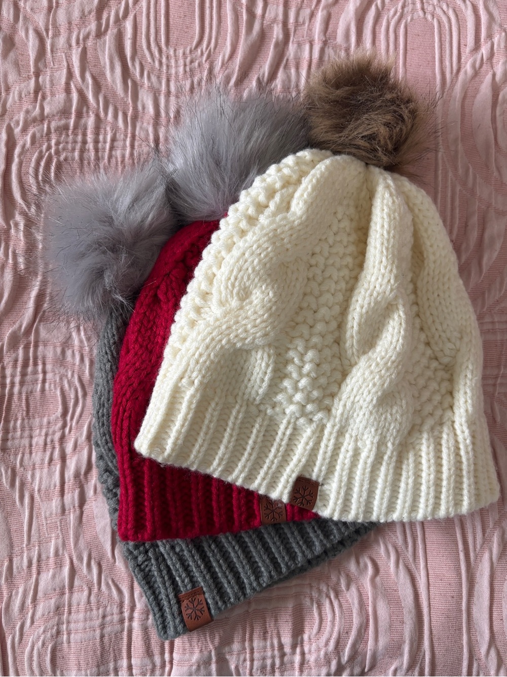 Kids Cozy Cable Knit Pom Beanie - Cream, Red, Gray